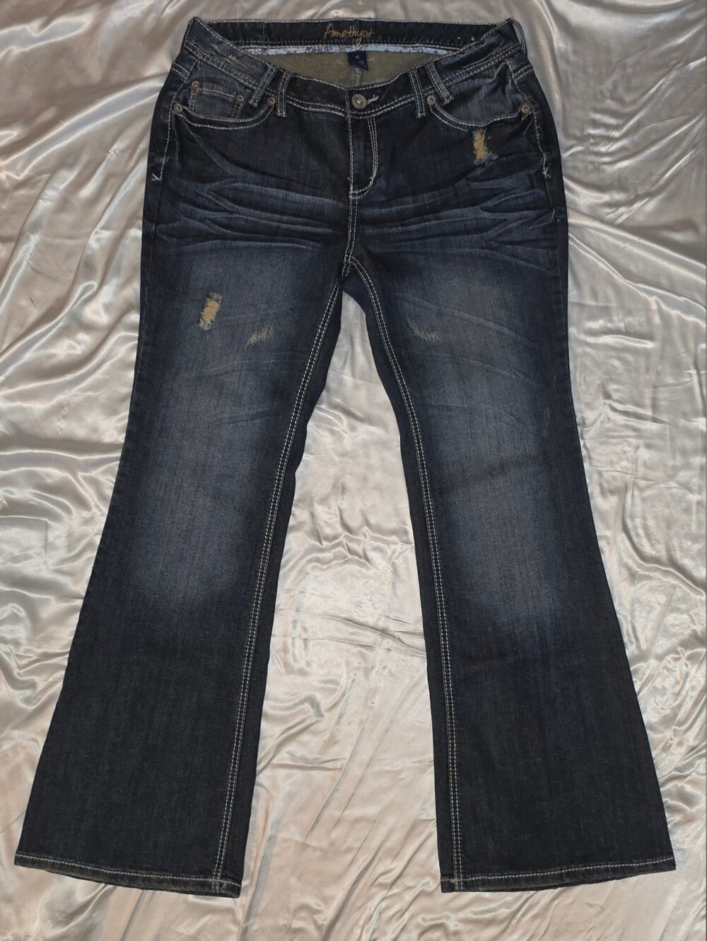 Amethyst Jeans Dark Wash Flare Jeans with Distressed Detail